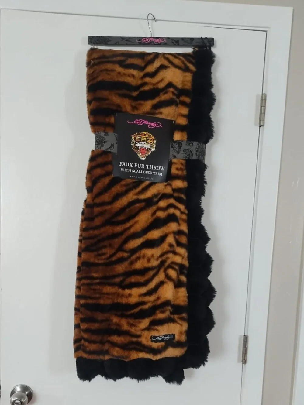 Ed Hardy Faux Fur Throw with Scalloped Trim Tiger Printed
